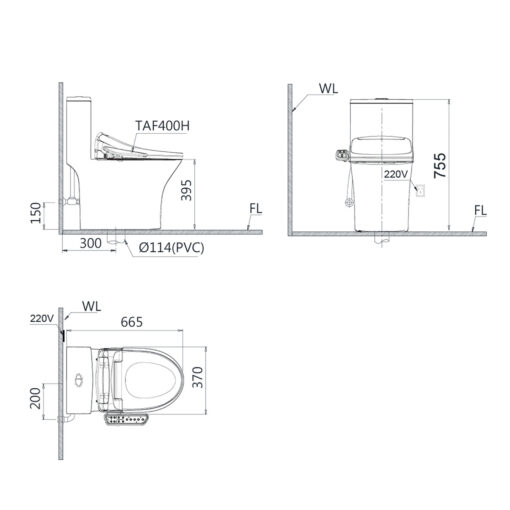 Bản vẽ kĩ thuật Bồn cầu thông minh CAESAR C1391F TAF400H nắp rửa điện tử