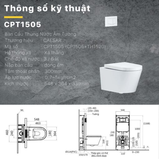 Thong so ky thuat Ban ve ki thuat Bon cau treo tuong CAESAR CPT1505 ket nuoc am TH1520