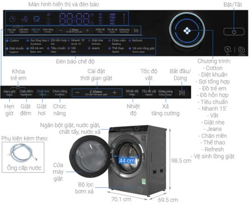 thong so ky thuat May Giat Aqua AQD A1500H.PS Inverter 15 Kg