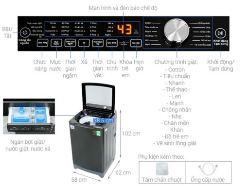 thong so ky thuat May Giat Aqua AQW DR105FT.BK Inverter 10.5kg