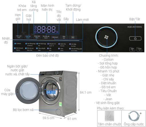 thong so ky thuat May Giat Say Aqua AQD AH1000G.PS Inverter Giat 10 Kg Say 6 Kg