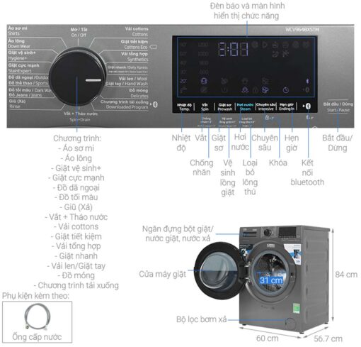 thong so ky thuat May giat Beko WCV9648XSTM 9 Kg Long Ngang Inverter