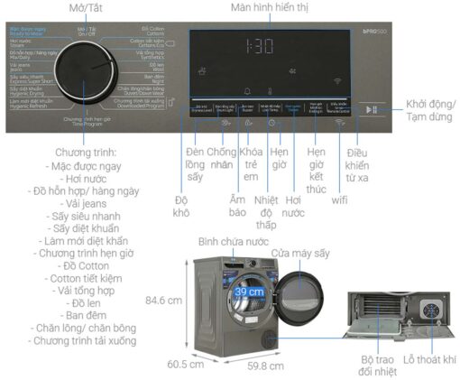 thong so ky thuat May say quan ao Beko B5T4429WM 10Kg Inverter