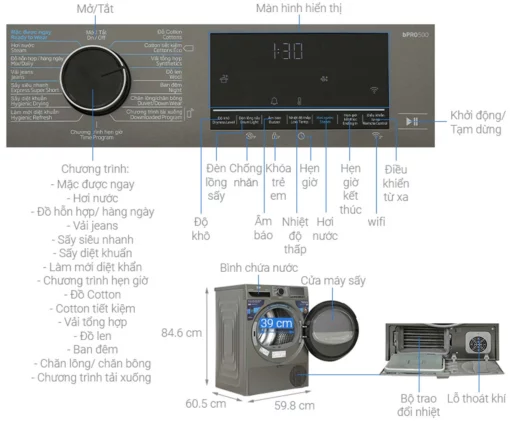 thong so ky thuat May say quan ao Beko B5T4429WM 10Kg Inverter