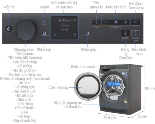 thong so ky thuat May say quan ao Electrolux EDH902R9SC 9Kg Inverter