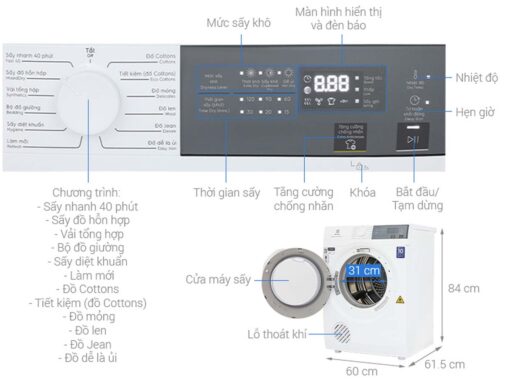 thong so ky thuat May say quan ao Electrolux EDV904H3WC 9Kg