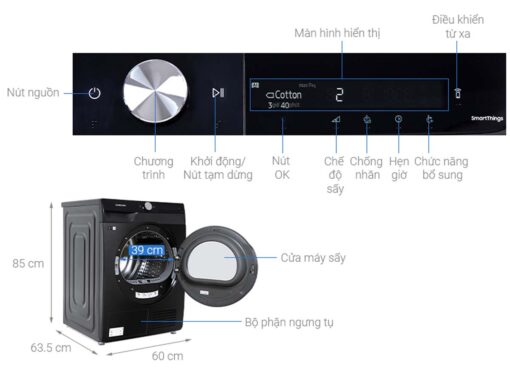 thong so ky thuat May say quan ao Samsung DV90T7240BBSV bom nhiet 9Kg