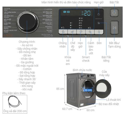 thong so ky thuat May say quan ao Samsung DV90TA240AXSV bom nhiet 9Kg