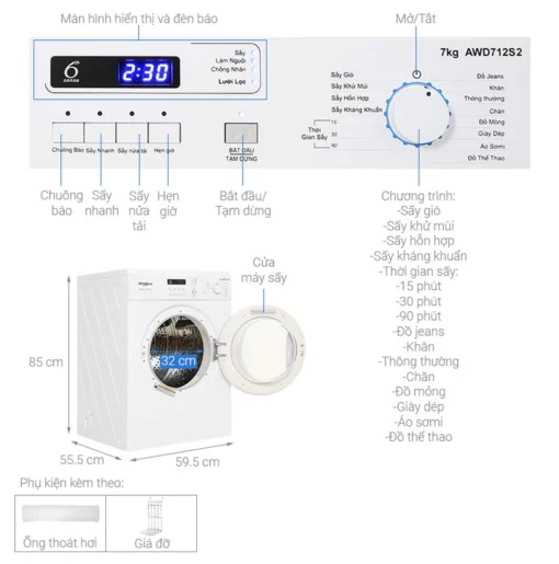 thong so ky thuat May say quan ao Whirlpool AWD712S2 7Kg