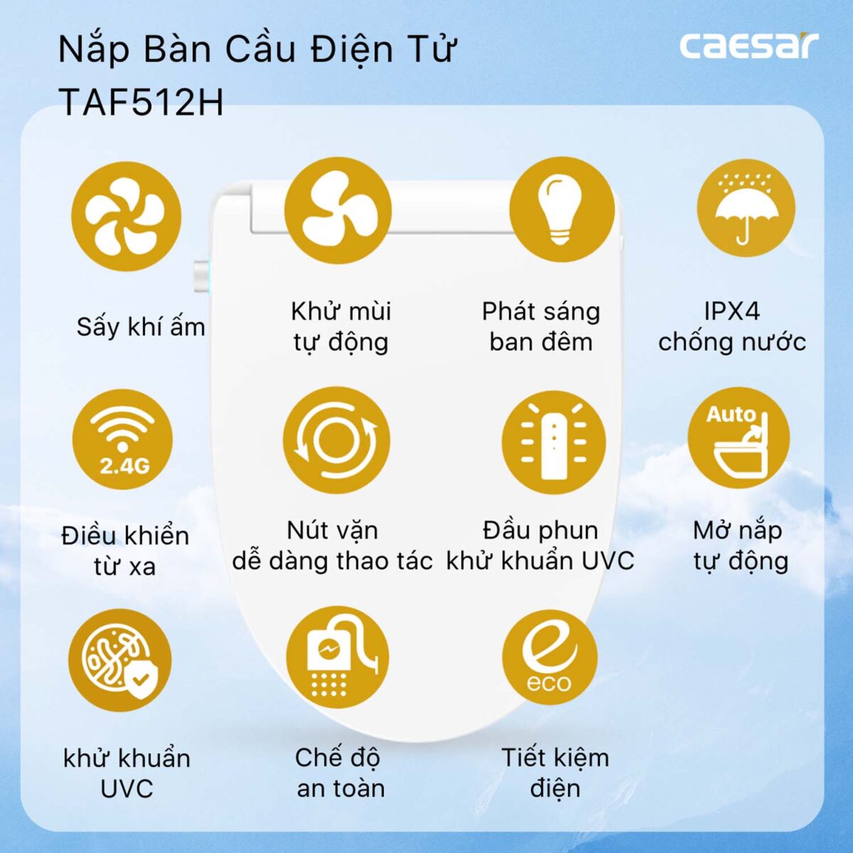 Bồn cầu thông minh CAESAR CT1338 TAF512H nắp rửa điện tử - Ảnh 5