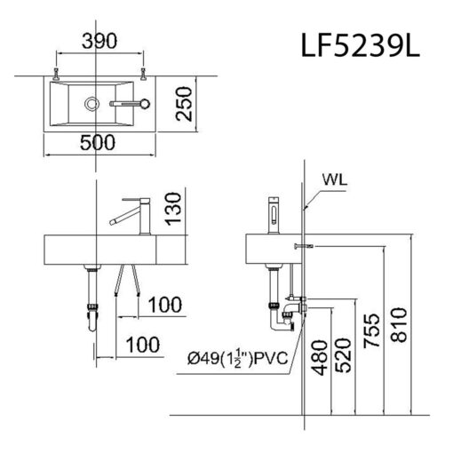 Bản vẽ kĩ thuật chậu lavabo CAESAR LF5239L đặt bàn