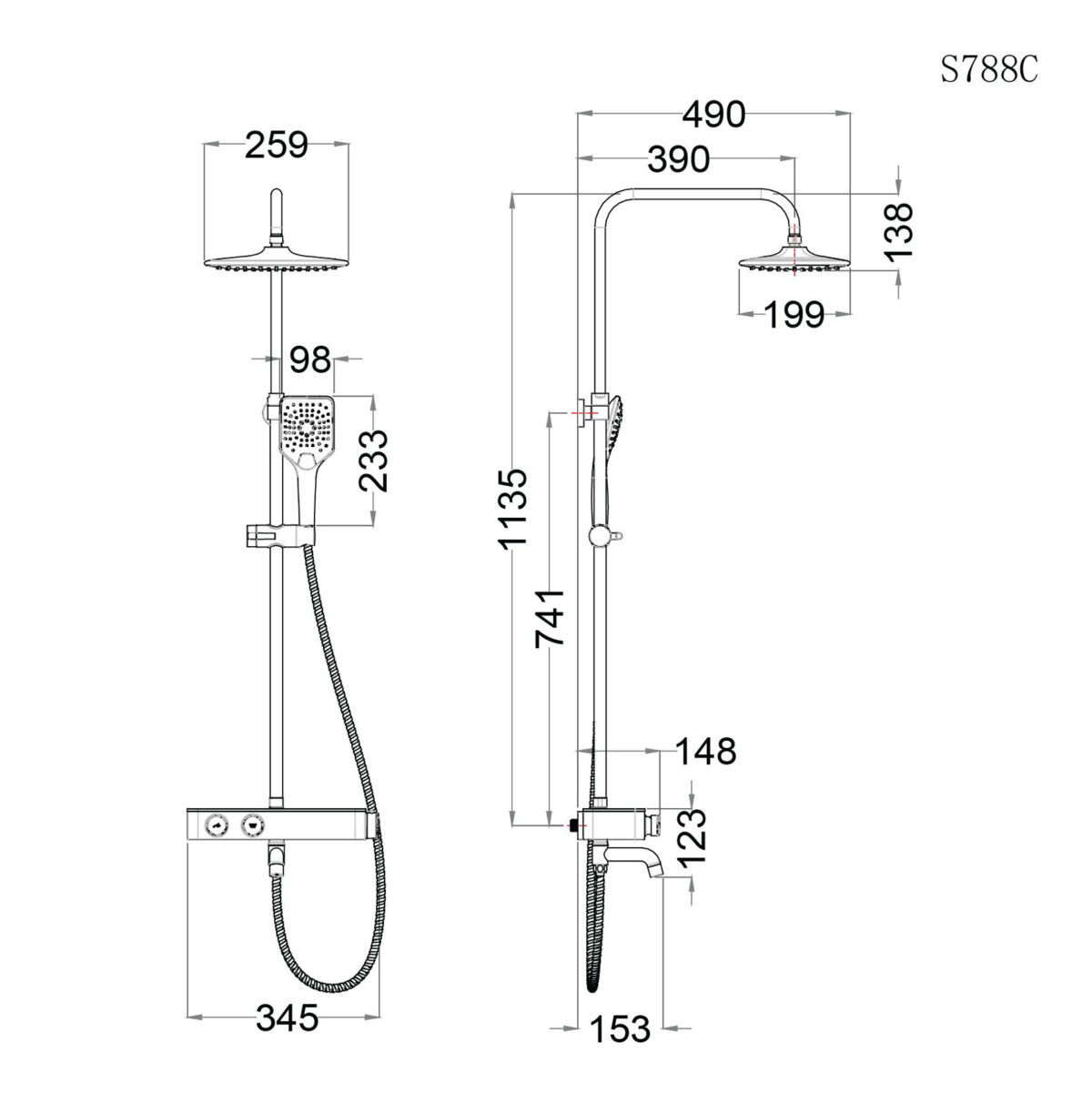 Bản vẽ kỹ thuật Vòi sen cây CAESAR S788CB nhiệt độ