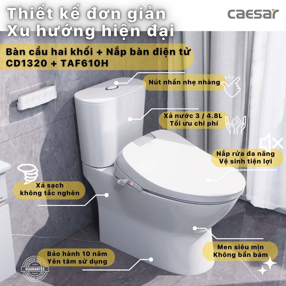 Bồn cầu thông minh CAESAR CD1320 TAF610H nắp rửa điện tử