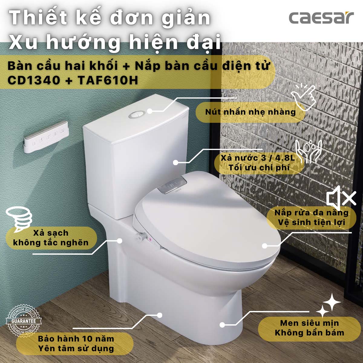 Bồn cầu thông minh CAESAR CD1340 TAF610H nắp rửa điện tử