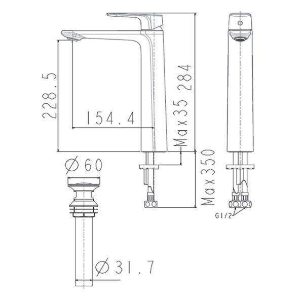 Bản vẽ kỹ thuật Vòi lavabo American Standard WF-1702HG cổ cao nóng lạnh