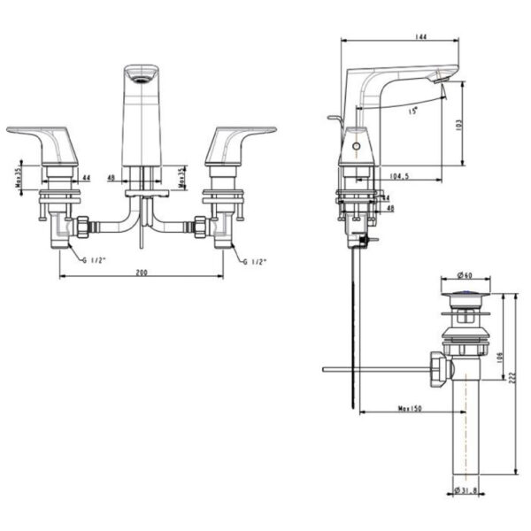 Bản vẽ kỹ thuật Vòi lavabo American Standard WF-1703WS nóng lạnh 3 lỗ