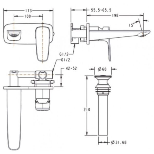 Bản vẽ kỹ thuật Vòi lavabo American Standard WF-1704WS gắn tường nóng lạnh