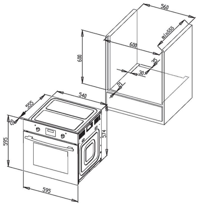 Lò nướng Kocher KOEU-68S08F - Kích thước lắp đặt sản phẩm