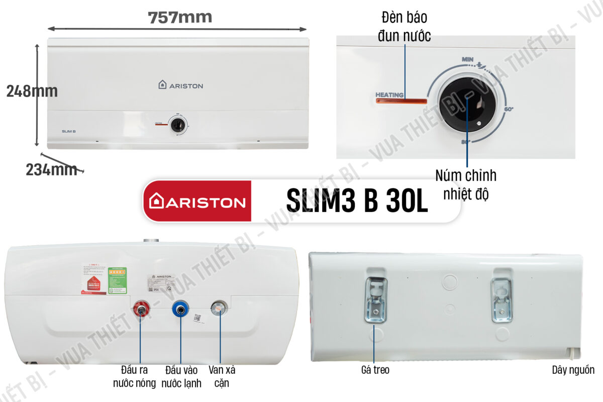 Bình nóng lạnh ARISTON SLIM3 30 B 30L AG+ lít (SL3) ngang gián tiếp 2.5FE 2500W - Ảnh 2