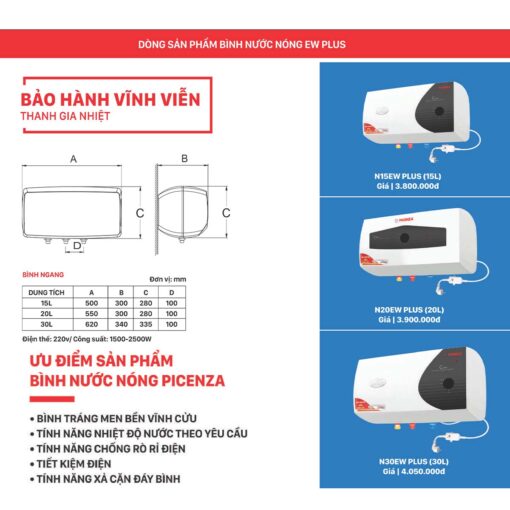 Binh nong lanh PICENZA N20EW PLUS 20L ngang 3