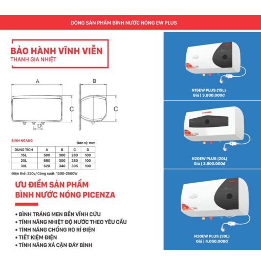 Binh nong lanh PICENZA N30EW PLUS 30L ngang 2