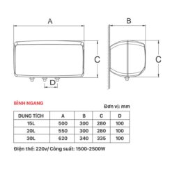 ban ve kich thuoc Binh nong lanh PICENZA N15EW PLUS 15L ngang