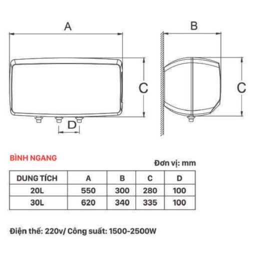 ban ve kich thuoc Binh nong lanh PICENZA N30EZ 30L ngang
