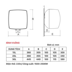 ban ve kich thuoc Binh nong lanh PICENZA V20ET 20L vuong