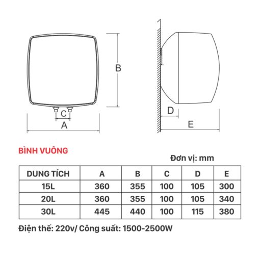 ban ve kich thuoc Binh nong lanh PICENZA V20EW 20L vuong
