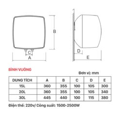 ban ve kich thuoc Binh nong lanh PICENZA V30EW 30L vuong