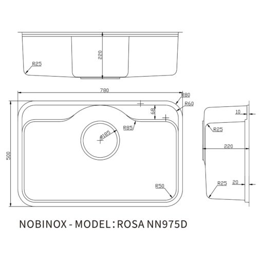 ban ve kich thuoc Chau rua bat inox NOBINOX ROSA NN975D