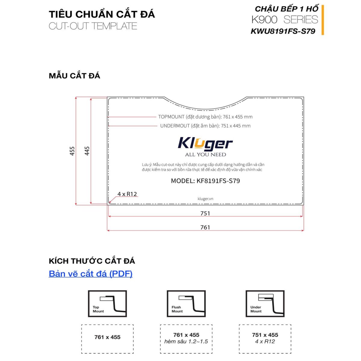 Chậu rửa bát inox KLUGER KW8191FS dòng K900 1 hố - Ảnh 3