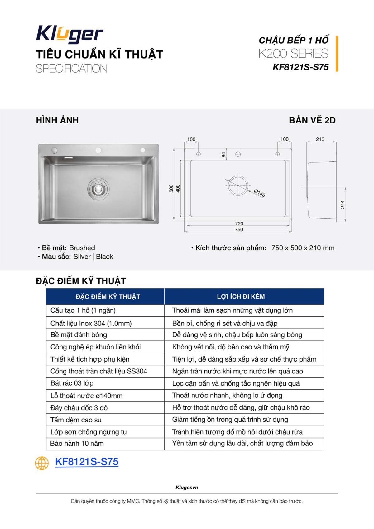 Chậu rửa bát inox KLUGER KF8121S dòng K200 1 hố - Ảnh 3