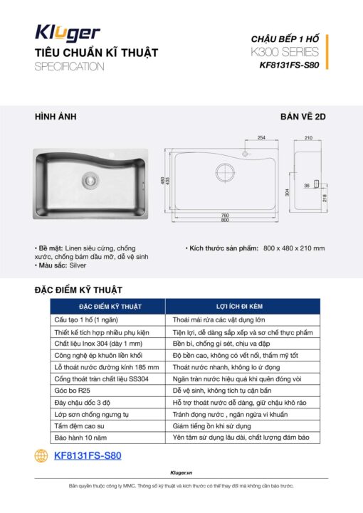 thong so ky thuat Chau rua bat KLUGER KF8131FS dong K300