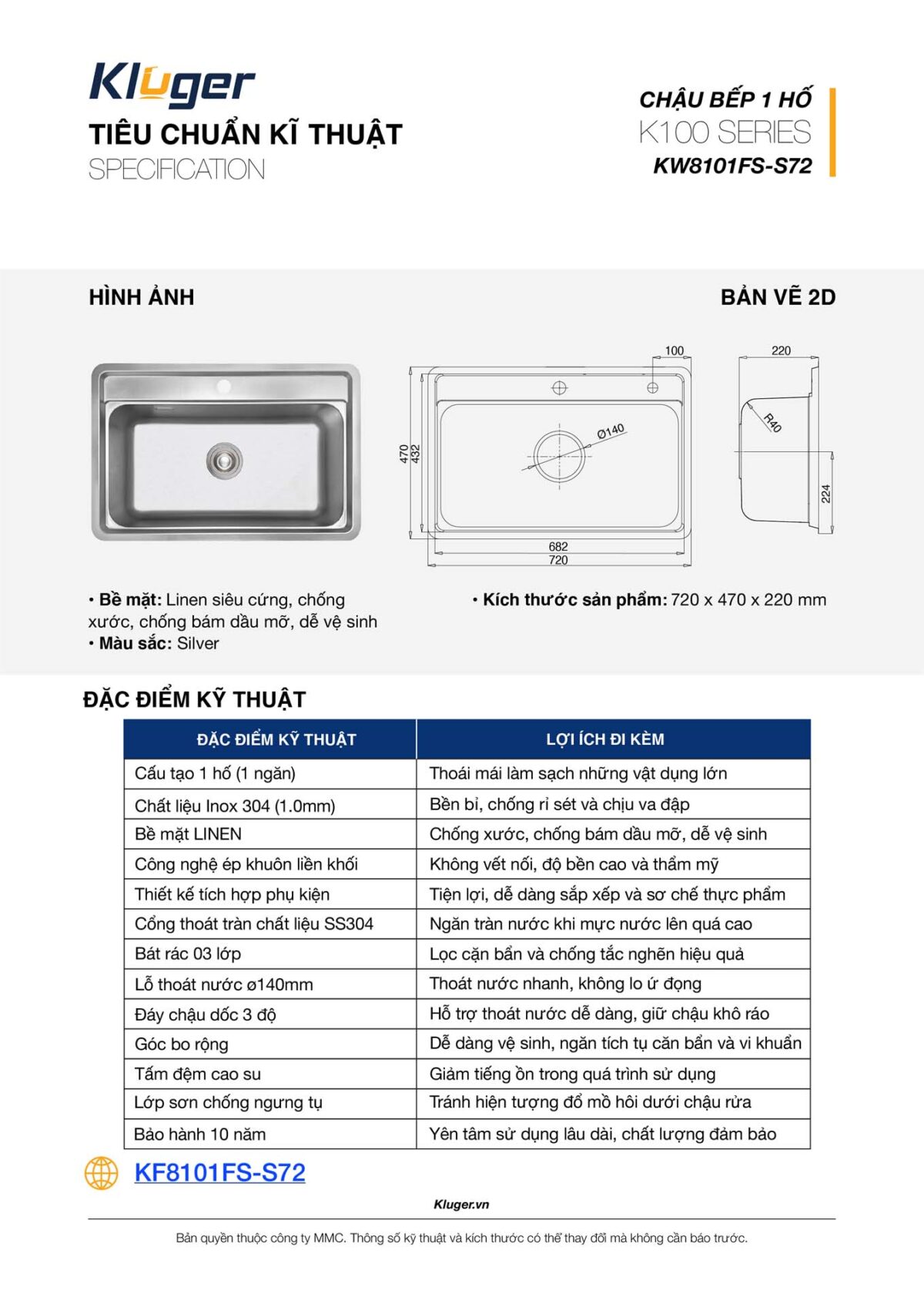 Chậu rửa bát inox KLUGER KW8101FS dòng K100 1 hố - Ảnh 3