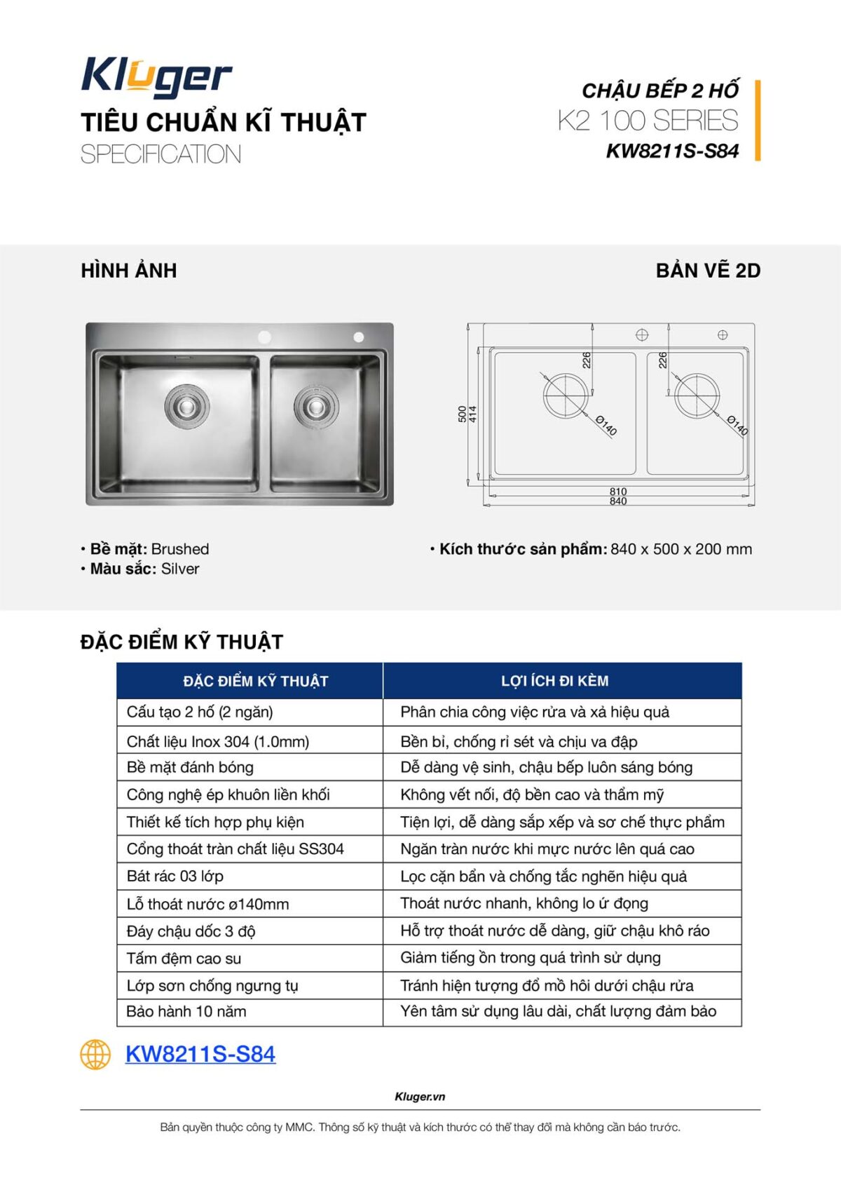 Chậu rửa bát inox KLUGER KW8211S dòng K2 100 2 hố - Ảnh 3