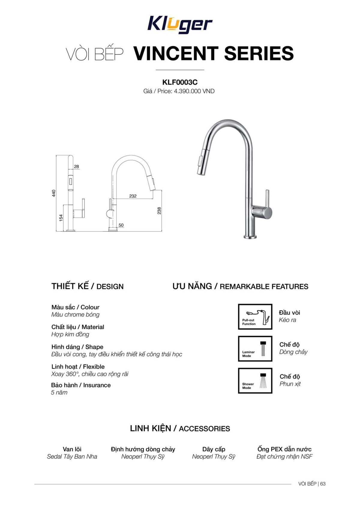 Vòi rửa bát KLUGER KLF0003C - Ảnh 4