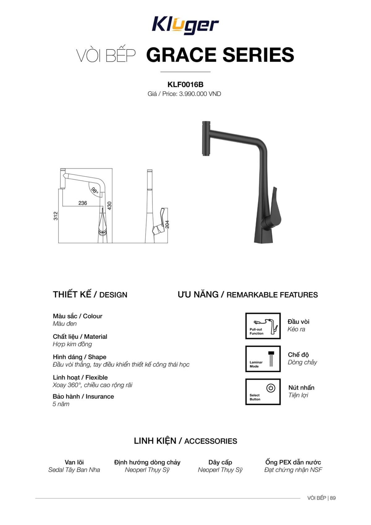 Vòi rửa bát KLUGER KLF0016B - Ảnh 3
