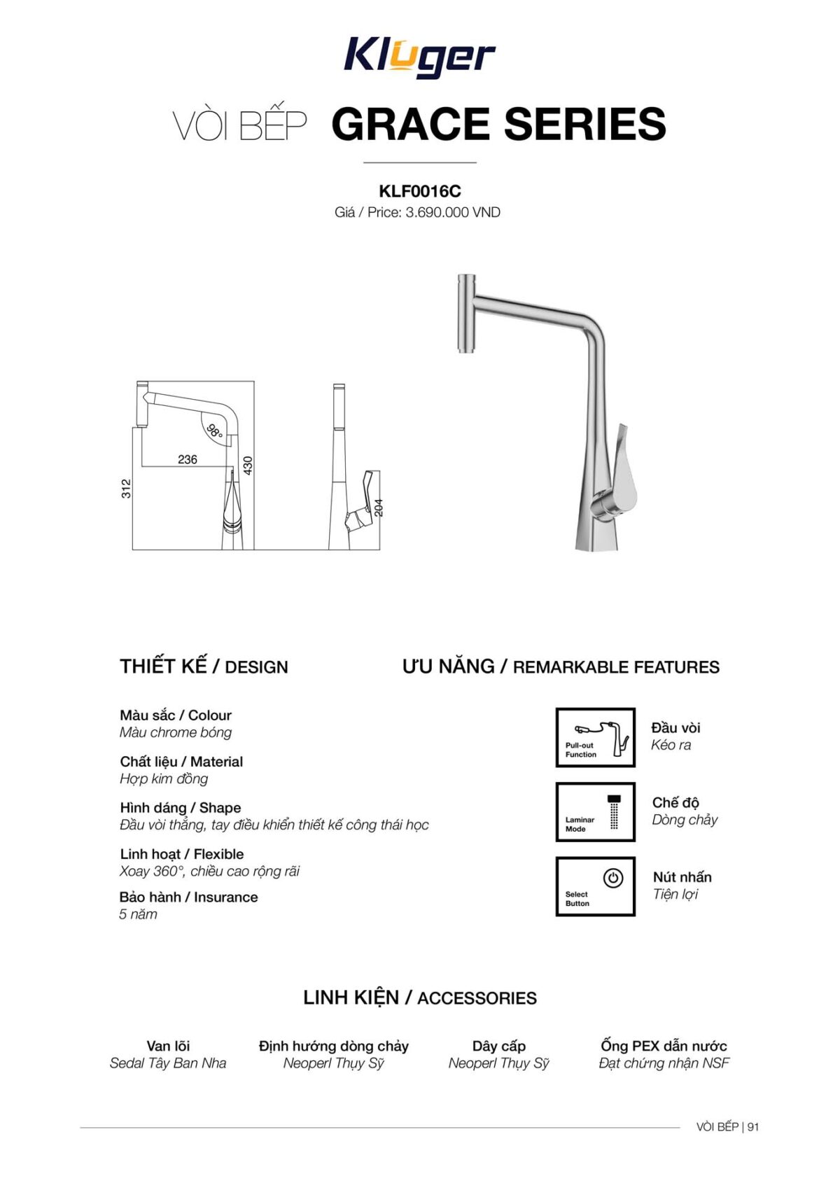 Vòi rửa bát KLUGER KLF0016C - Ảnh 3