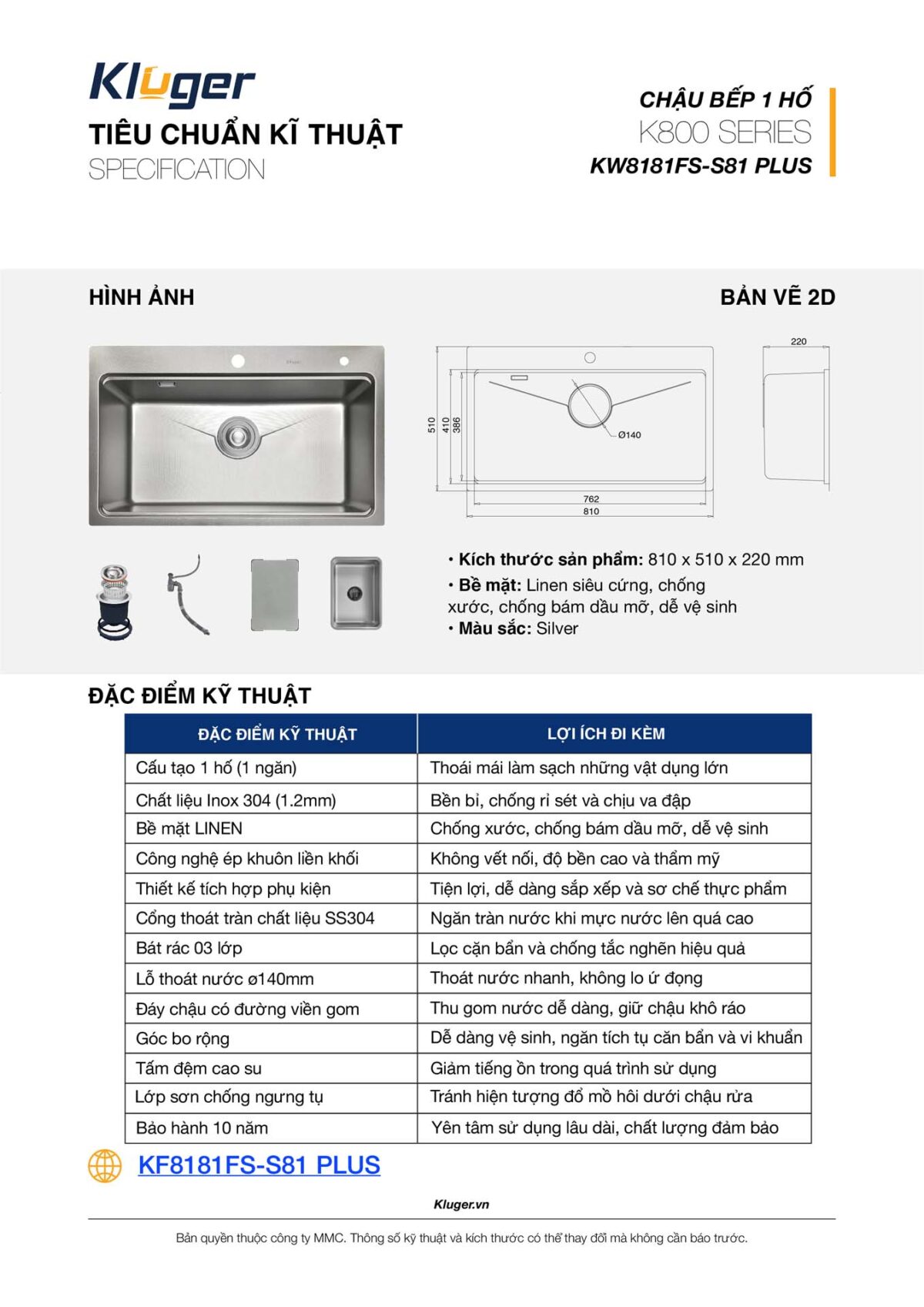 Chậu rửa bát inox KLUGER KW8181FS Plus dòng K800 1 hố - Ảnh 4