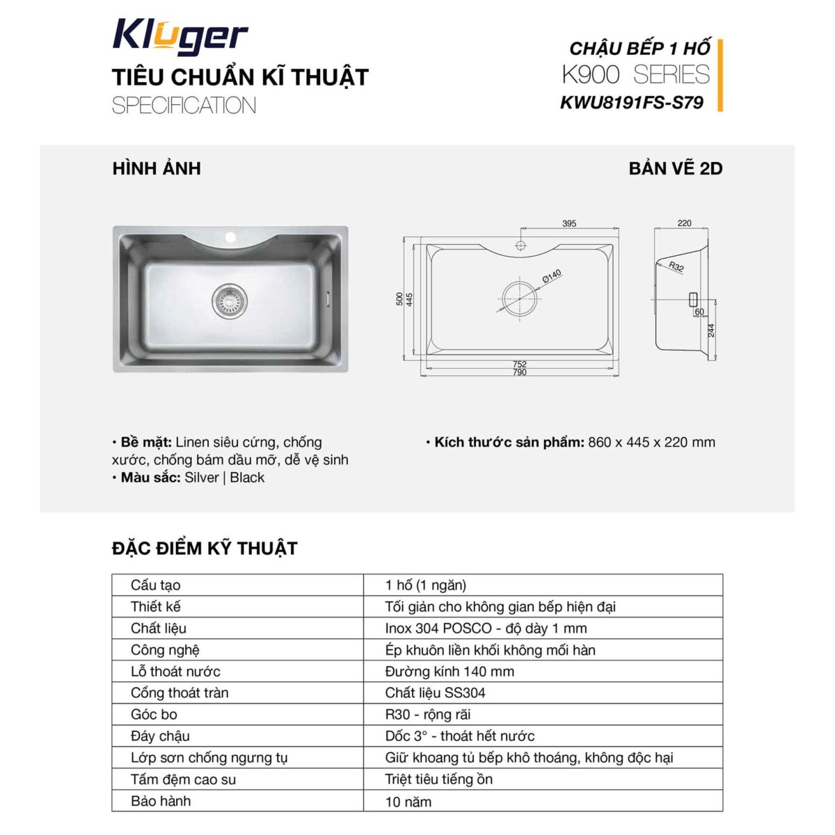 Chậu rửa bát inox KLUGER KW8191FS dòng K900 1 hố - Ảnh 2
