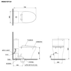 bản vẽ kích thước Bồn cầu 1 khối TOTO MS857DT10 nắp êm TC395VS