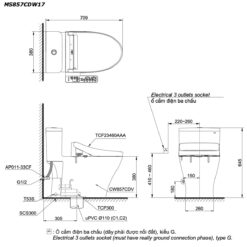 bản vẽ kích thước Bồn cầu thông minh TOTO MS857CDW17 nắp rửa điện tử TCF23460AAA