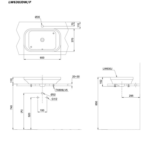 bản vẽ kích thước Chậu lavabo đặt bàn TOTO LW630JDW:F#ASB