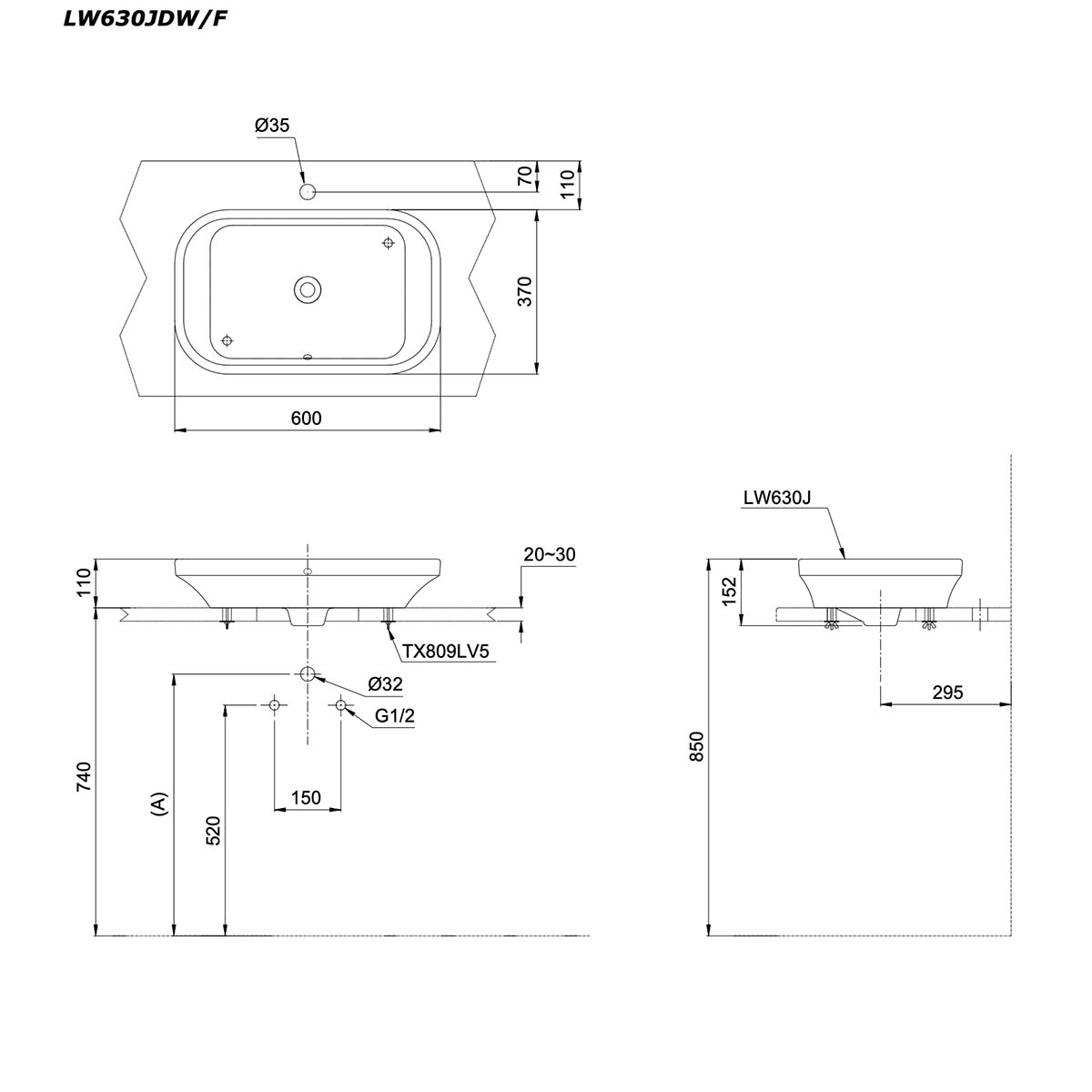 Chậu lavabo đặt bàn TOTO LW630JDW/F#MDR 2 bản vẽ kích thước Chậu lavabo đặt bàn TOTO LW630JDW/F#MDR