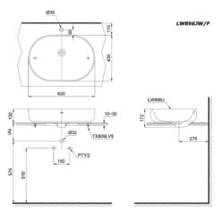 bản vẽ kích thước Chậu lavabo đặt bàn TOTO LW896JW/F#ASB