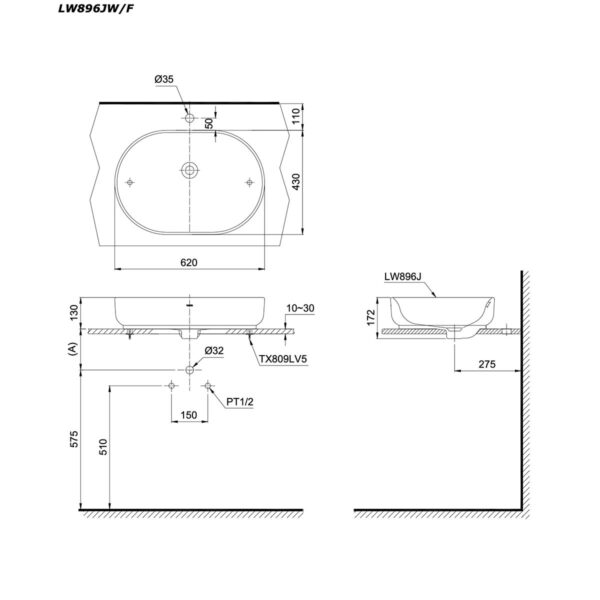 bản vẽ kích thước Chậu lavabo đặt bàn TOTO LW896JW/F#SCR