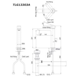 bản vẽ kích thước Vòi lavabo TOTO TLG13303A cổ cao nóng lạnh GT