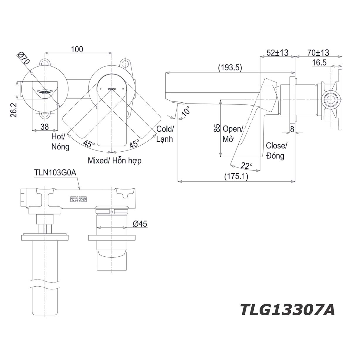 Vòi lavabo TOTO TLG13307A TLN103G0A 2 lỗ âm tường nóng lạnh GT 3 bản vẽ kích thước Vòi lavabo TOTO TLG13307A TLN103G0A 2 lỗ âm tường nóng lạnh GT
