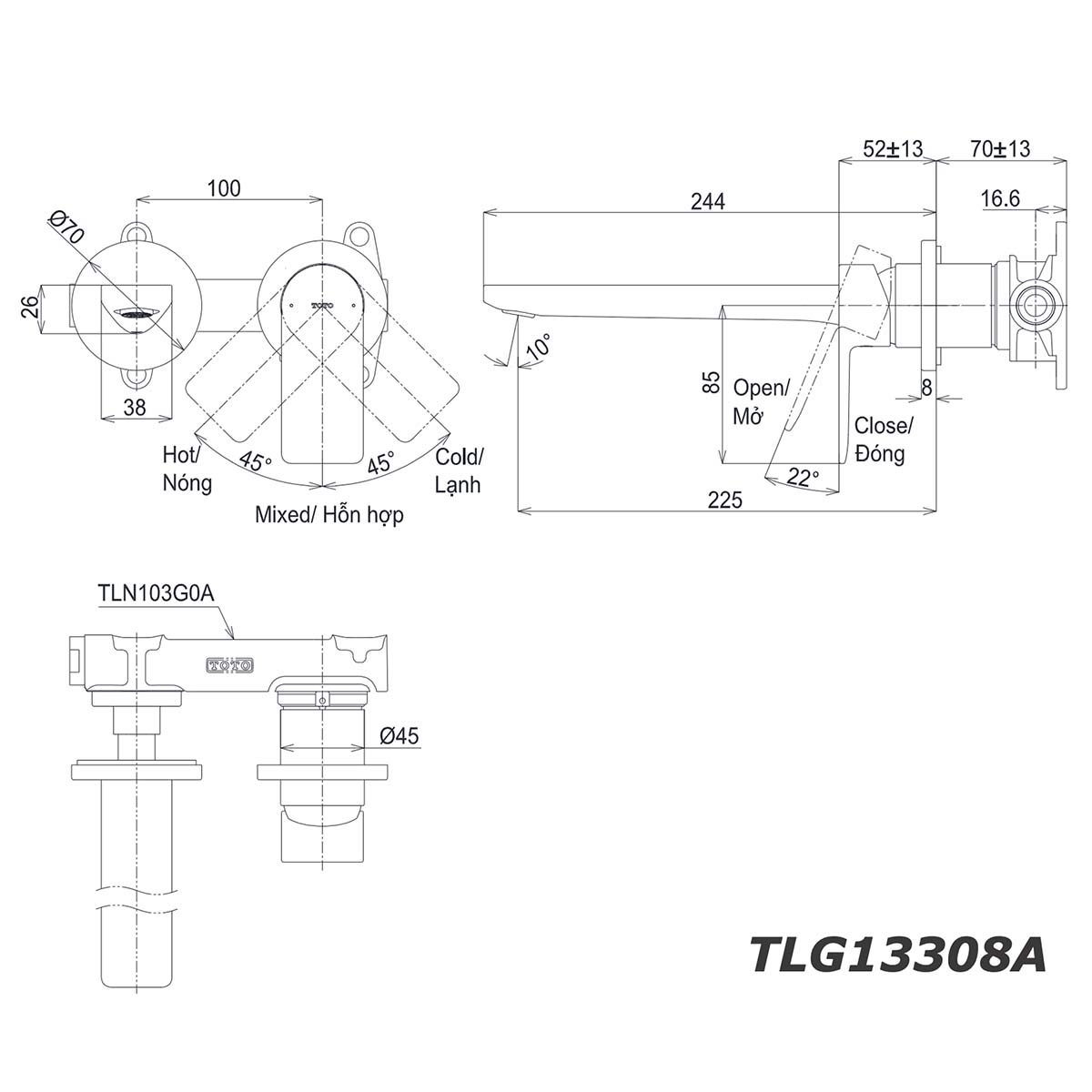 Vòi lavabo TOTO TLG13308A TLN103G0A 2 lỗ âm tường nóng lạnh GT 3 bản vẽ kích thước Vòi lavabo TOTO TLG13308A TLN103G0A 2 lỗ âm tường nóng lạnh GT